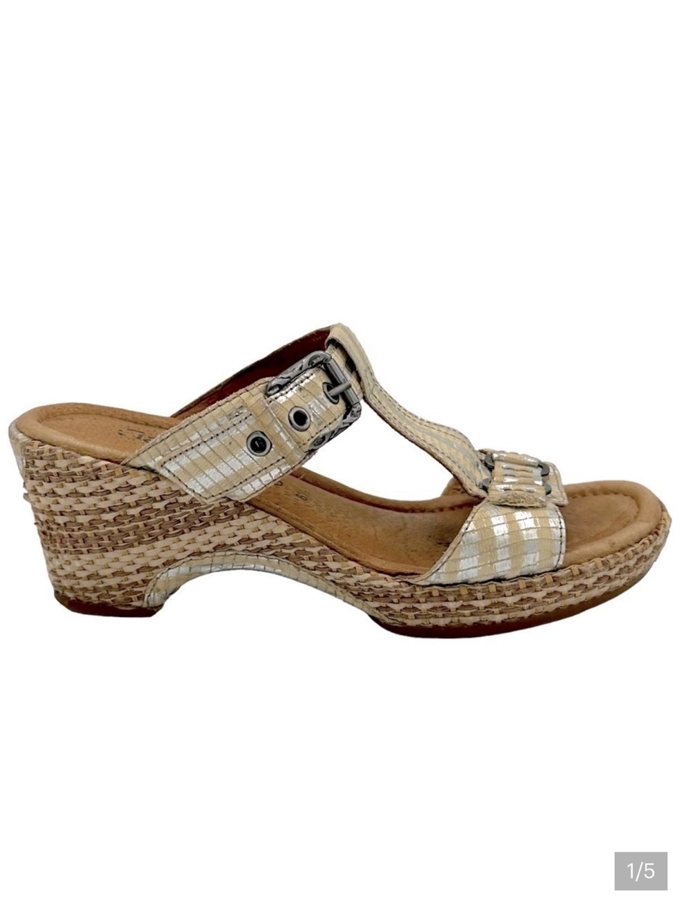 GABOR Metallic Embossed Stripe T-Strap Espadrille Slip On Comfort Slide Size 6.5